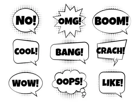 Retro comic speech balloons. Text NO, OMG, BOOM, COOL, BANG, CRACH, WOW, OOPS Illustrazione stock