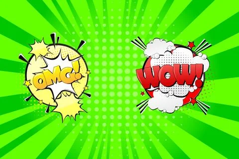 Retro comic speech bubbles: Omg and Wow. Bright dynamic pop art design elemen Ilustração Stock