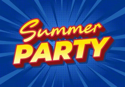 Retro comic style summer party text in yellow and red on a dynamic blue rad.. Stock Illustration