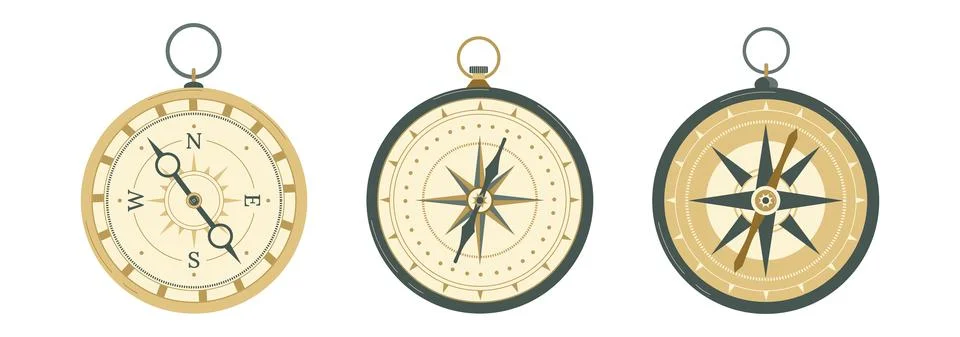 Retro compasses with rose of wind, arrow, loop Stock Illustration
