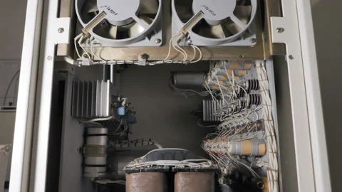 Retro Components Inside Old Computer Machine: Coolers, Transistors, Chips Stock Footage 179497774