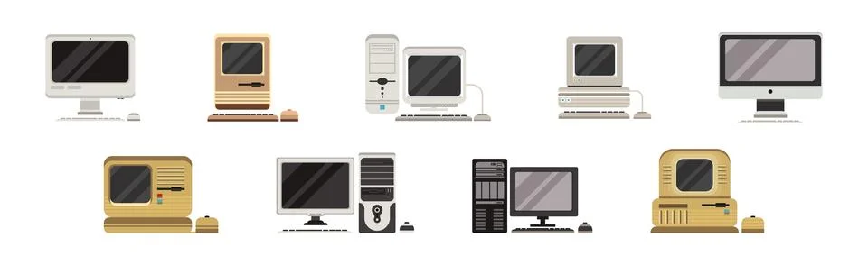 Retro Computer and Hardware with Screen Vector Set Stock Illustration