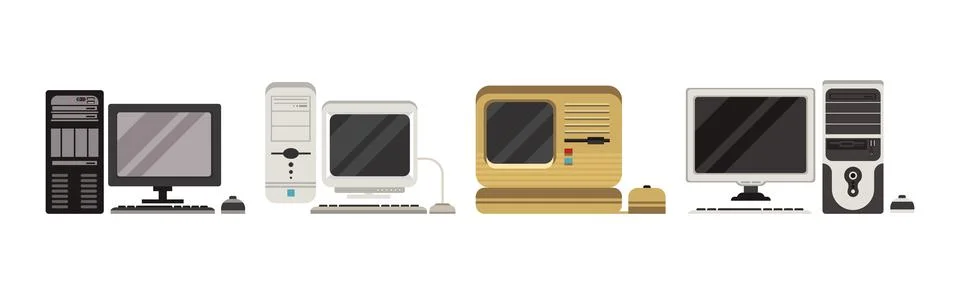 Retro Computer and Hardware with Screen Vector Set Illustrazione stock