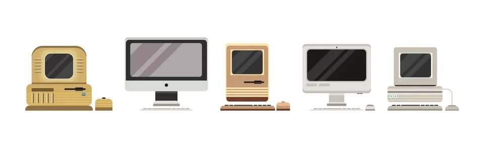 Retro Computer and Hardware with Screen Vector Set Stock Illustration