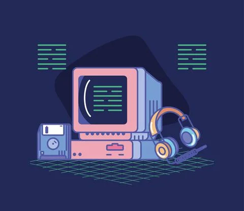 Retro computer and headphone Stock Illustration