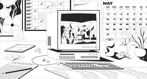Retro computer aquarium desk lo fi line illustration Stock Illustration