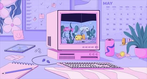 Retro computer aquarium desk lofi illustration Stock Illustration