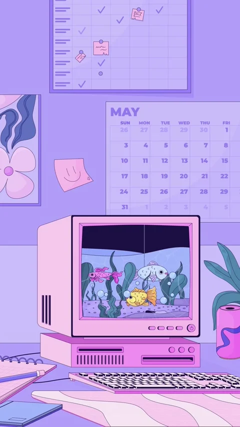 Retro computer aquarium workspace lofi vertical animation Stock-Footage 336982962