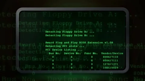 Retro computer boot sequence with green text on black screen showing BIOS Stock Footage 343153311