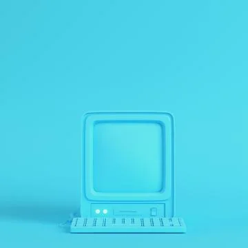Retro computer on bright blue background in pastel colors Stock Illustration