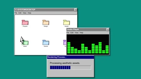 Retro Computer Desktop Showing Open Windows an Audio Player and a Rendering.. Vídeos de archivo 347349545