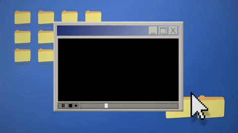 Retro computer desktop with vintage media player folder icons and pixel cursor Stock Footage 338357991