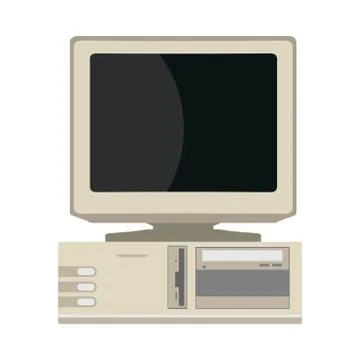 Retro computer front view device equipment flat vector icon. 90s machine PC Stock Illustration
