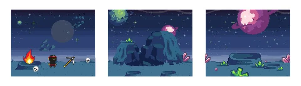 Retro computer games level. Pixel art video game scene 8 bit warrior character Stock-Illustration