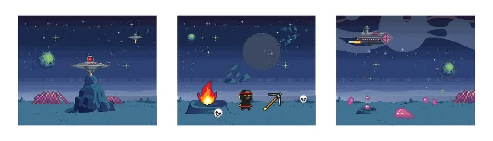 Retro computer games level. Pixel art video game scene 8 bit warrior character Stock Illustration