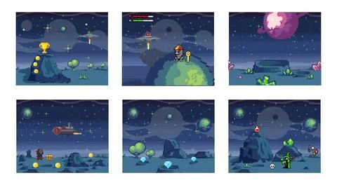 Retro computer games level. Pixel art video game scene 8 bit warrior character Stock Illustration