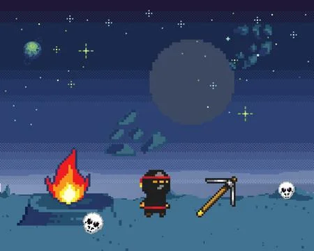 Retro computer games level. Pixel art video game scene 8 bit warrior character Stock-Illustration