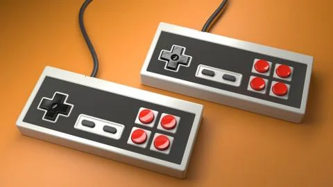 Retro computer gaming controller joystick on a orange background Illustrazione stock
