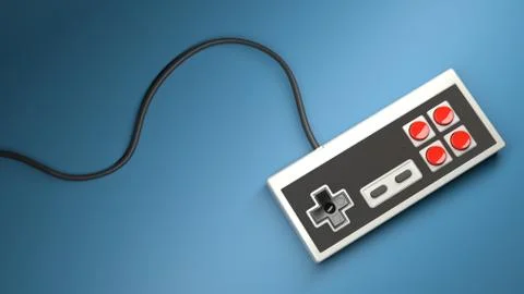 Retro computer gaming controller joystick on a blue background Stockfoto's