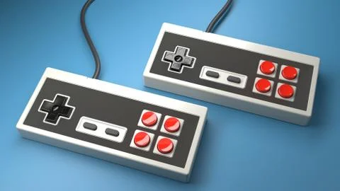 Retro computer gaming controller joystick on a blue background Stockfoto's