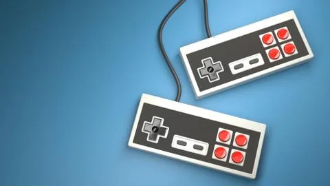 Retro computer gaming controller joystick on a blue background Stock Photos