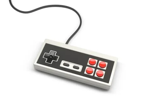 Retro computer gaming controller joystick on a white background Stockfoto's