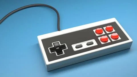 Retro computer gaming controller joystick on a blue background Stockfoto's