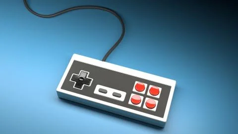 Retro computer gaming controller joystick on a blue background Stock Photos