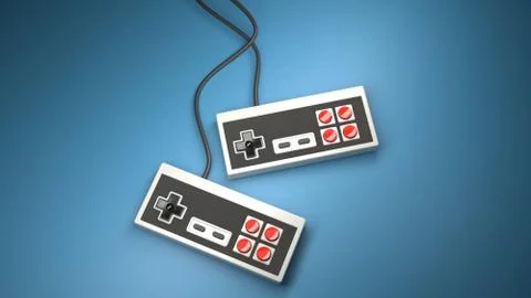 Retro computer gaming controller joystick on a blue background Stock Photos