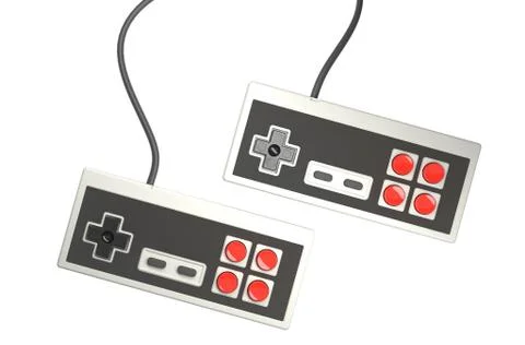 Retro computer gaming controller joystick on a white background Stockfoto's