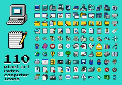 Retro computer interface elements set. Old PC UI icon assets for computer Stock Illustration