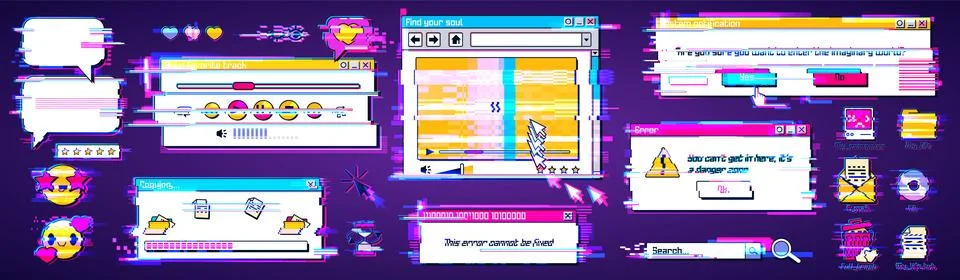 Retro computer interface with glitch effect Illustrazione stock