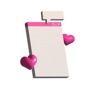 Retro computer interface with many open tab, bubble, hearts and window box in 3D Stock Illustration