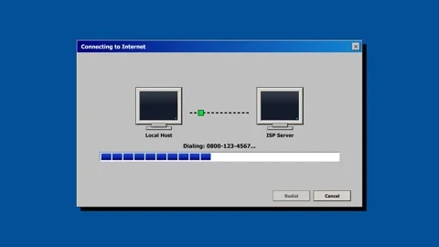 Retro computer interface showing a dial-up internet connection error. 4K Stock Footage 346738900