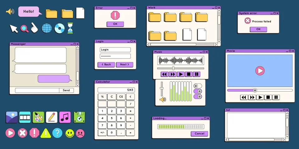 Retro computer interface. Vintage desktop icons. File folders. Chat windows Stock Illustration