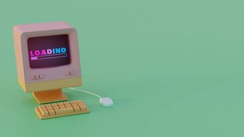 Retro Computer Loading Animation: Vibrant Neon Typography and Dynamic Progres Ilustración de archivo