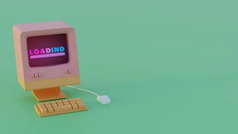 Retro Computer Loading Animation: Vibrant Neon Typography and Dynamic Progres Stock Illustration