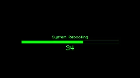 Retro computer loading screen visual with green reboot text, horizontal progress Stock Footage 340479838