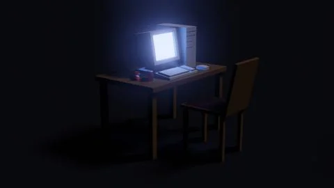 Retro computer old technology on table with chair at night. low poly 3D rende Stock Illustration