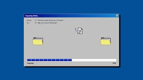 Retro computer operating system window showing data transfer progress. 4K Stock Footage 346686791