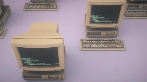 Retro computer or PC with keyboard in dynamic seamless loop motion. Source code Stock Footage 290942625