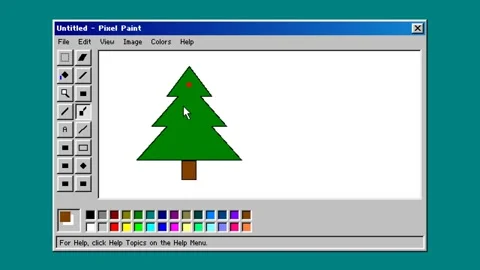 Retro computer paint program drawing a Merry Christmas card Stockbeeldmateriaal 348047229