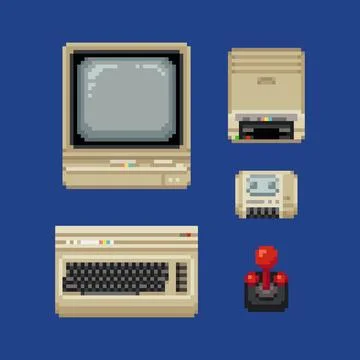 Retro computer pixel art style icons set. Stickers old school design. Video game Stock Illustration