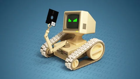 Retro Computer Robot Booting from Floppy Disk with Error Loop Animation Stock Footage 327240262