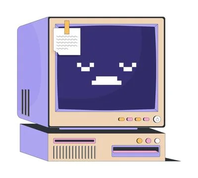 Retro computer with sad pixel face and sticky note 2D cartoon object Stock Illustration