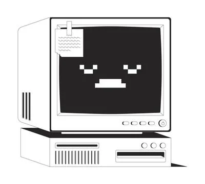 Retro computer with sad pixel face and sticky note 2D line object Stock Illustration