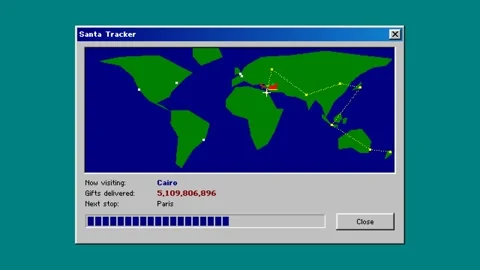 Retro computer Santa tracker world map then Merry Christmas Stock Footage 348047233