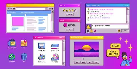 Retro computer screen interface in 90s style Stock Illustration