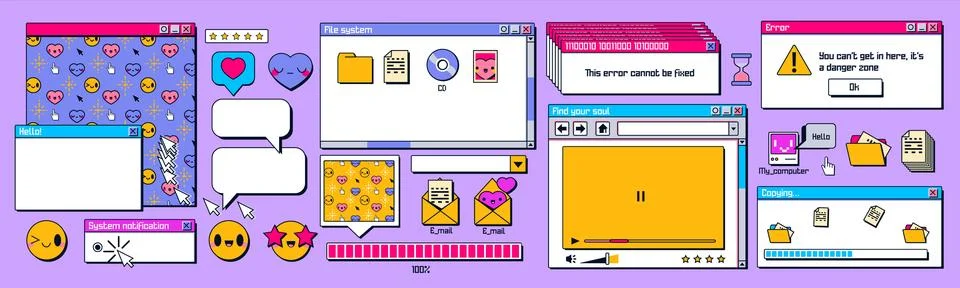 Retro computer screen interface with windows Stock Illustration