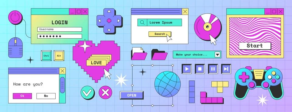 Retro computer screen interface with windows, folder, popup notification イラスト素材